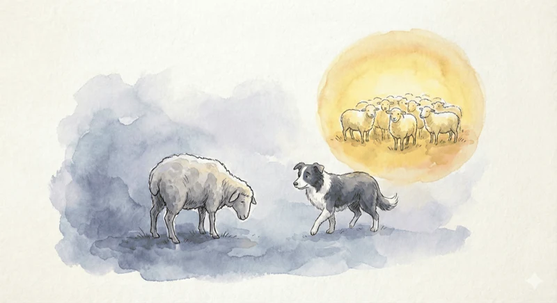 A lost sheep met by the sheepdog, the sunlit flock beyond